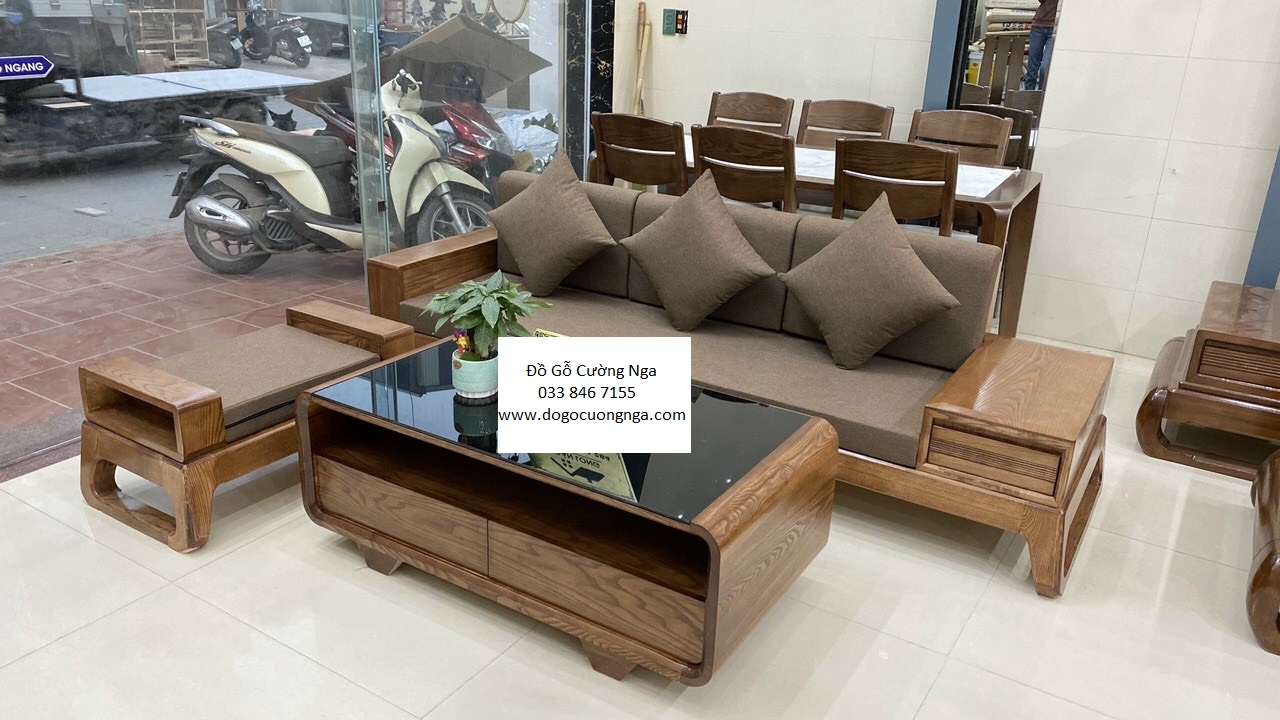 sofa góc L gỗ sồi nga lau màu óc chó