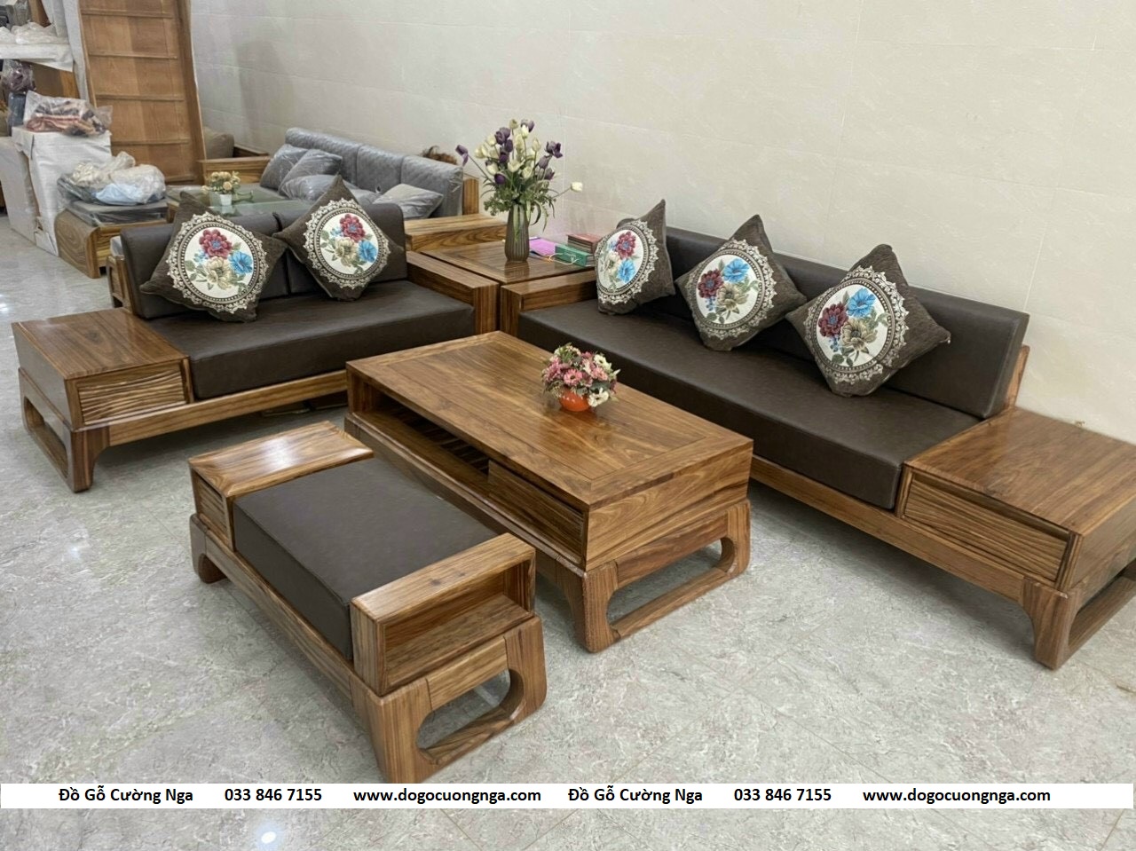 Bộ bàn ghế sofa gỗ Hương Xám 2 văng chân quỳ kèm nệm hiện đại