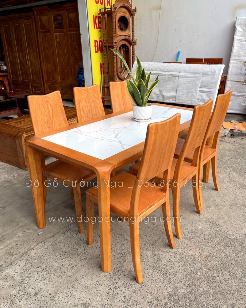 BÀN ĂN GỖ SỒI MẶT ĐÁ 6 GHẾ 