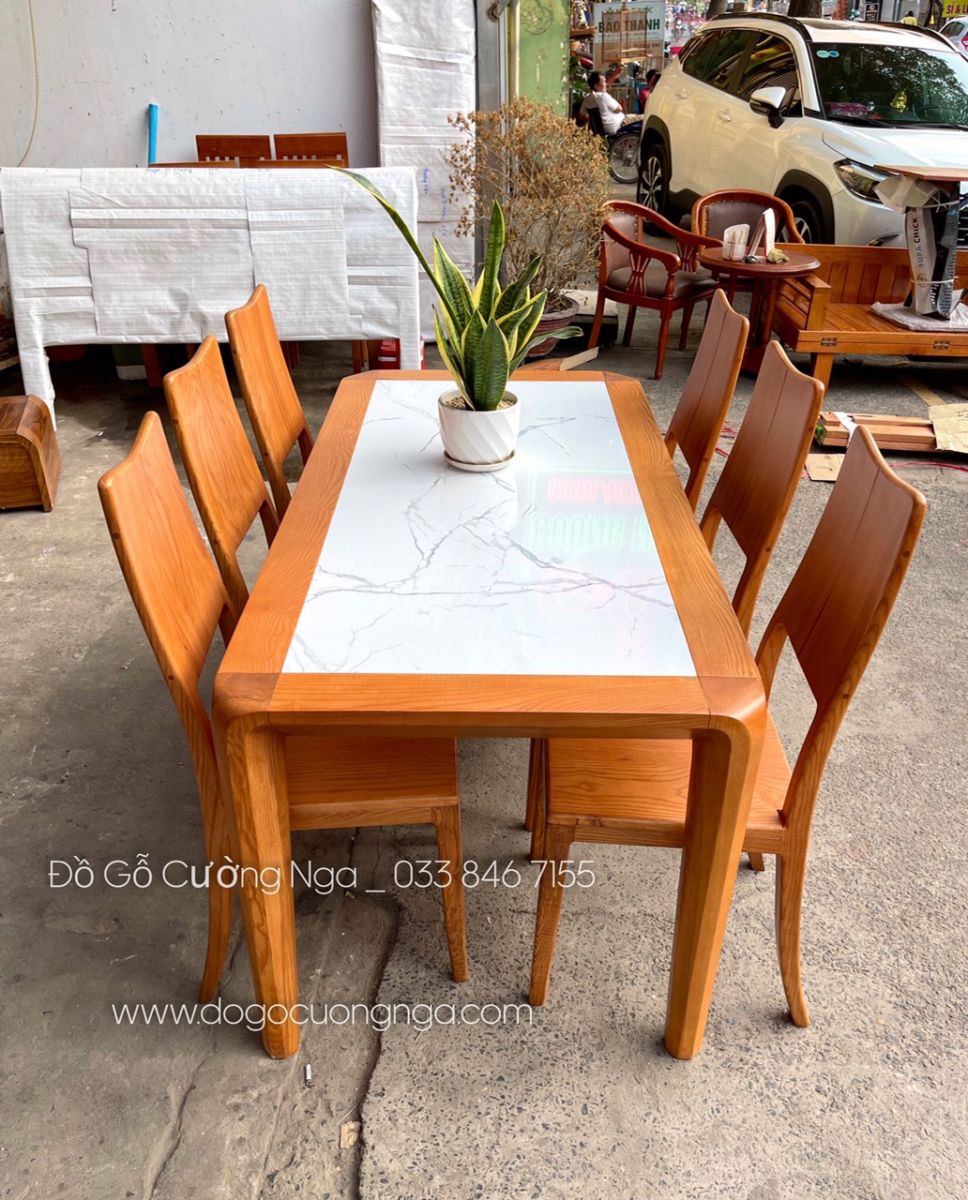 BÀN ĂN GỖ SỒI MẶT ĐÁ 