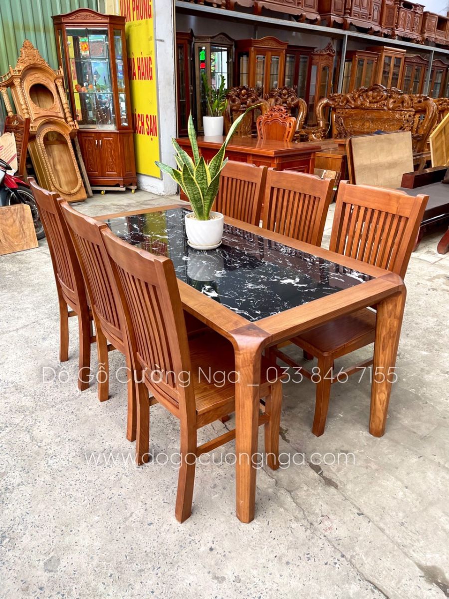bàn ăn 6 ghế gỗ sồi màu óc chó