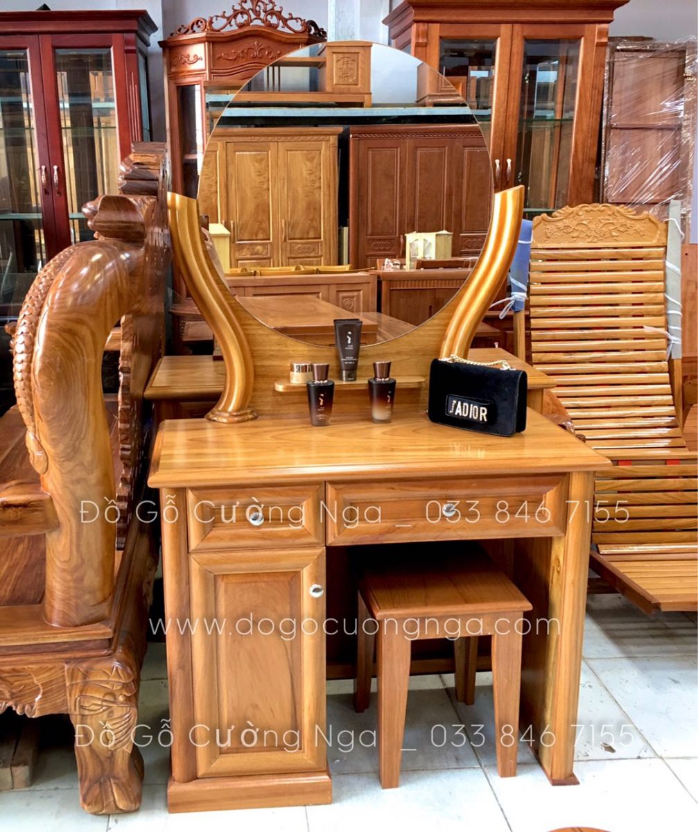 Bàn trang điểm gỗ gõ đỏ mẫu gương tròn