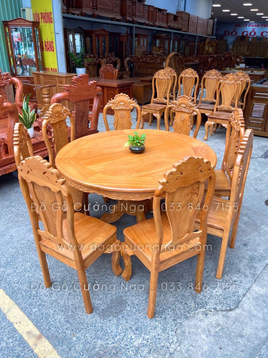 bàn ăn gỗ gõ đỏ 8 ghế bàn tròn