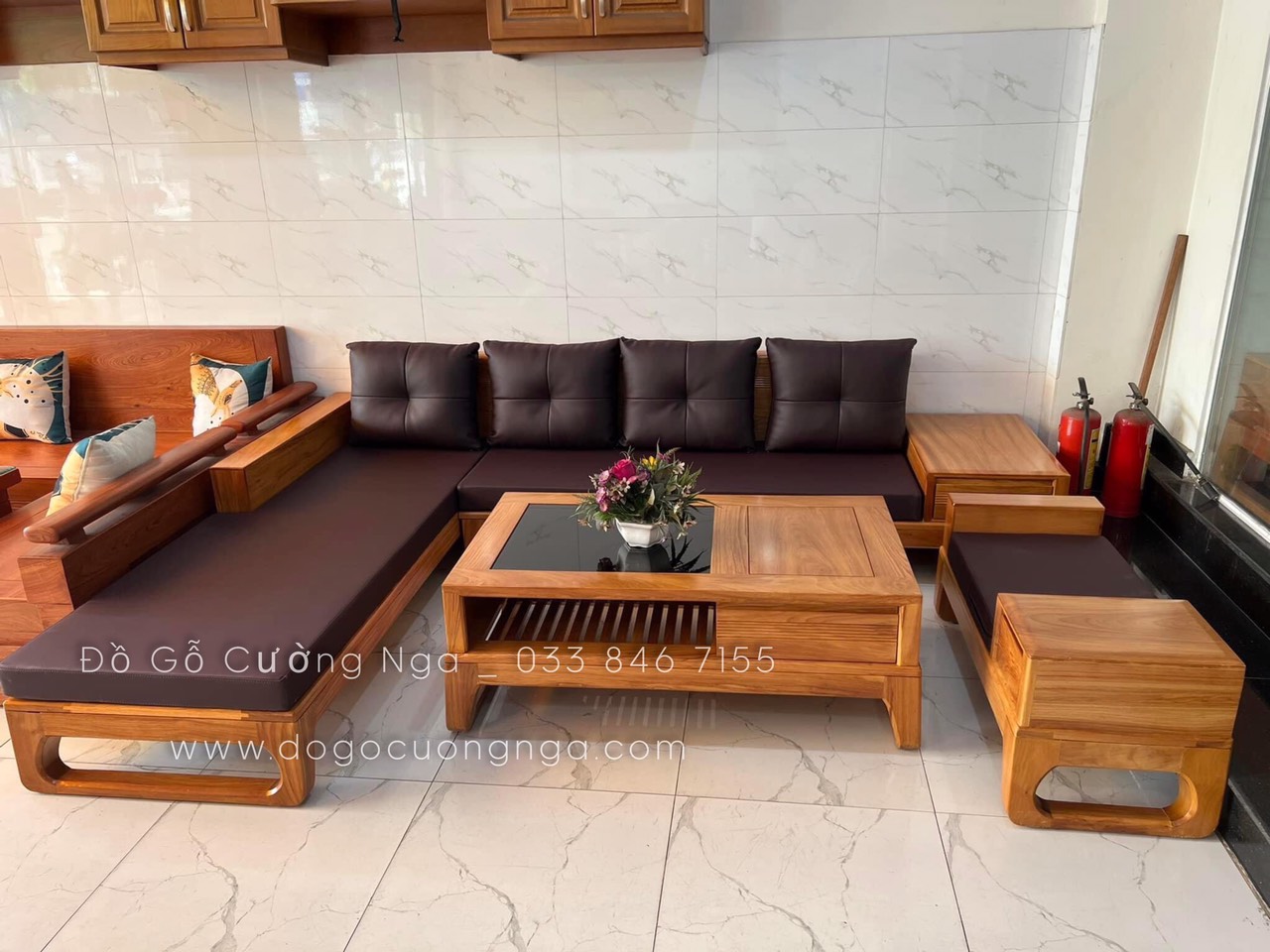 ghế sofa gỗ gõ đỏ góc L 