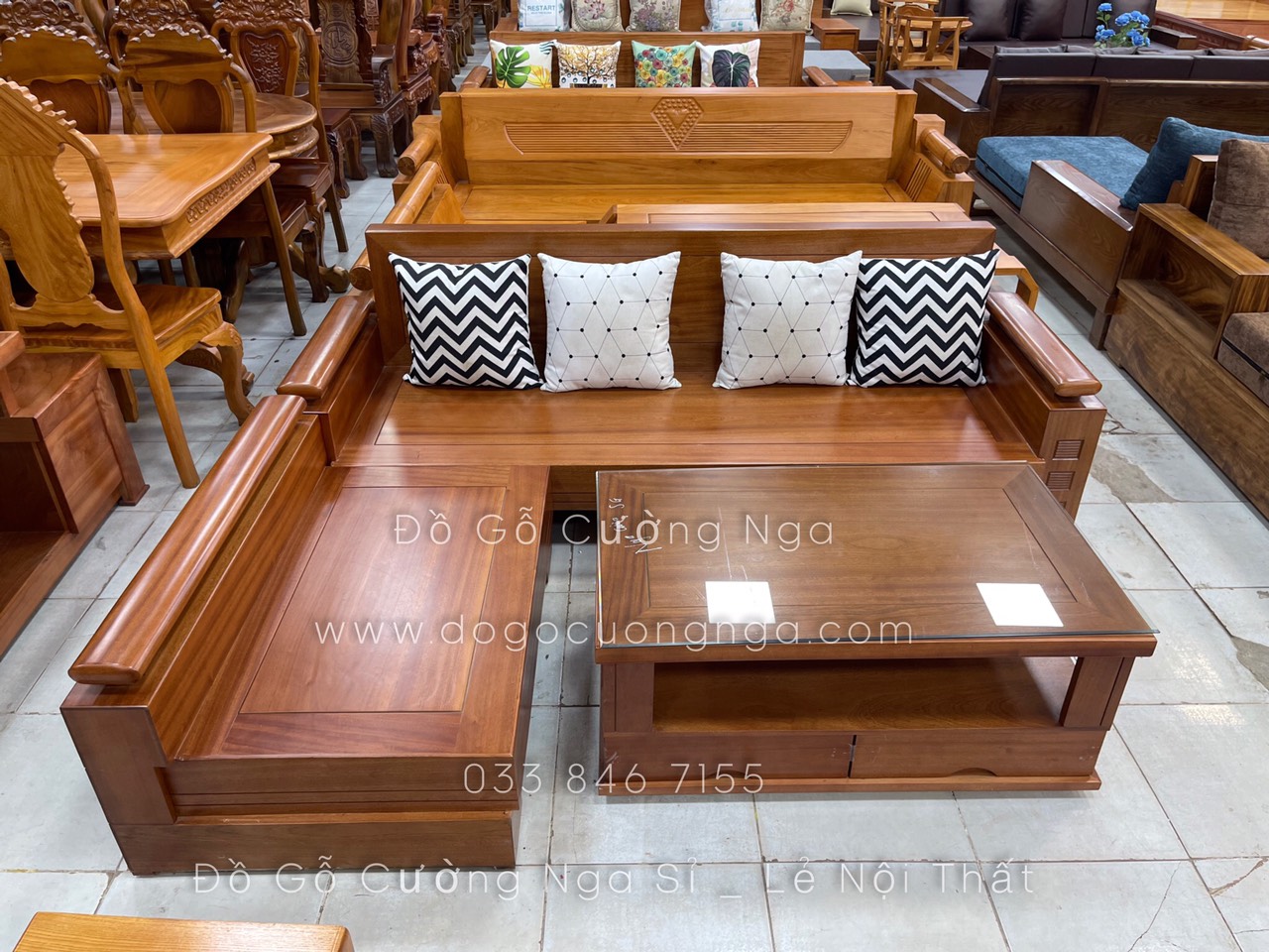sofa góc L gỗ xoan đào 