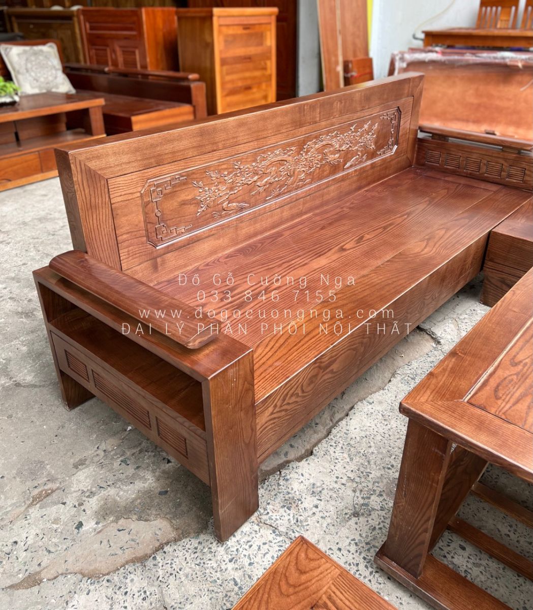 Ghế sofa gỗ sồi nga lau màu óc chó hiện đại 