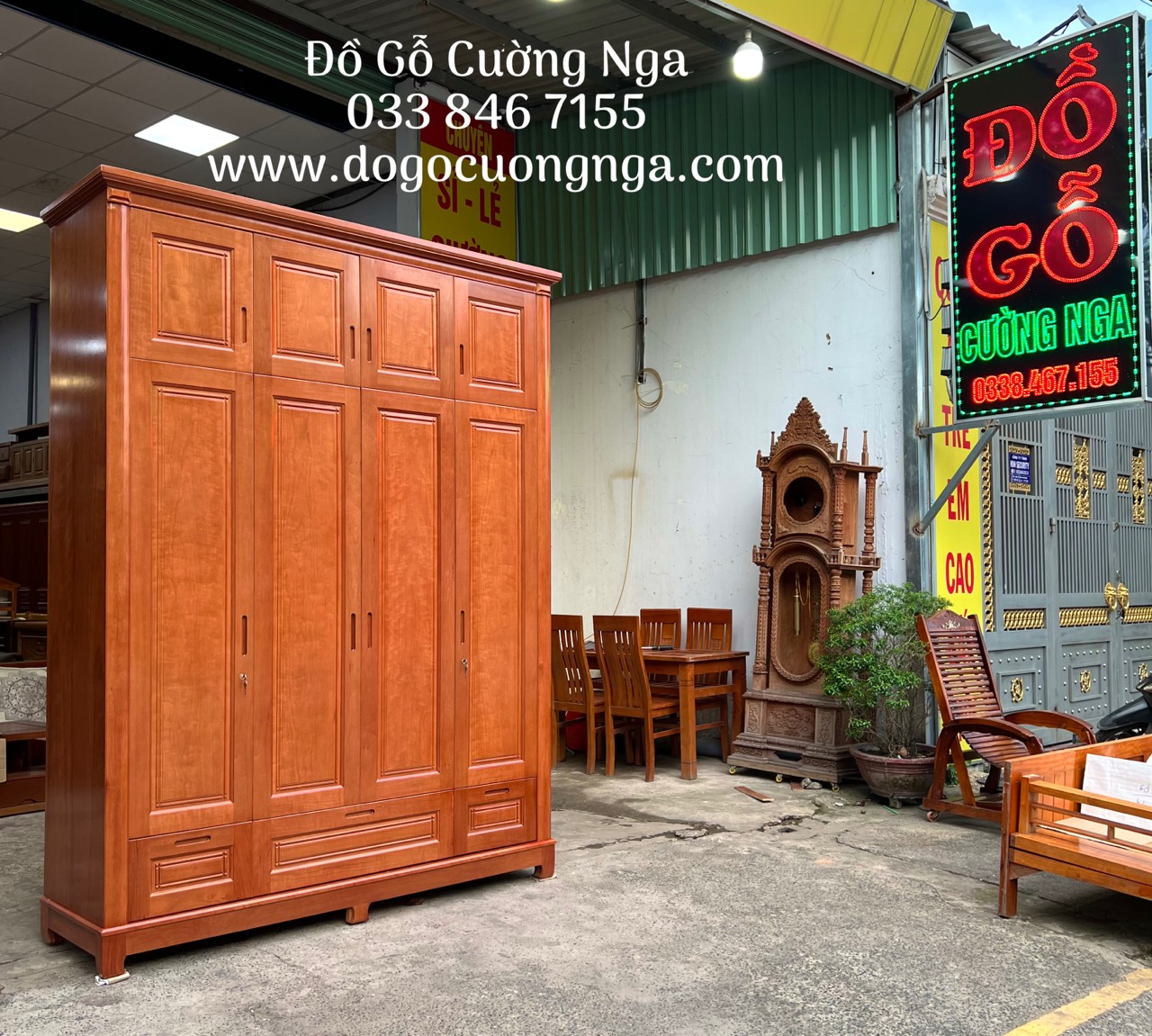 tủ quần áo gỗ xoan đào 4 cánh 2 tầng 