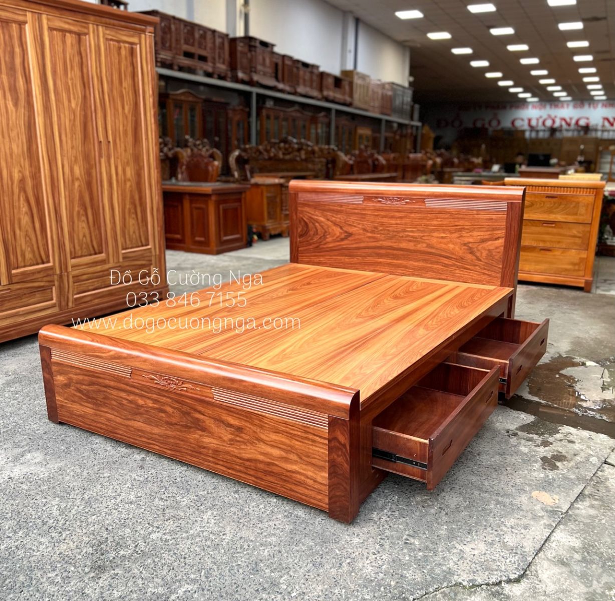 giường gỗ cẩm 2 ngăn kéo 