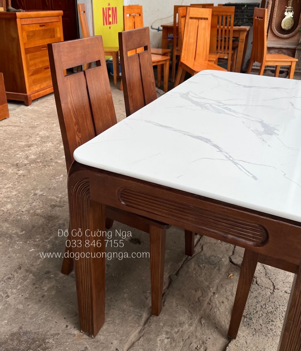 bàn ăn gỗ sồi nga 4 ghế - mặt đá cao cấp 