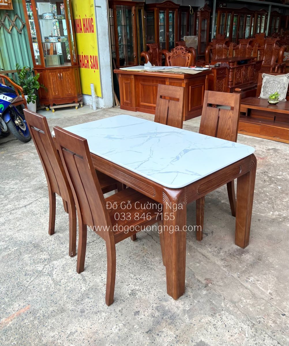 bàn ăn gỗ sồi nga 4 ghế - mặt đá cao cấp 