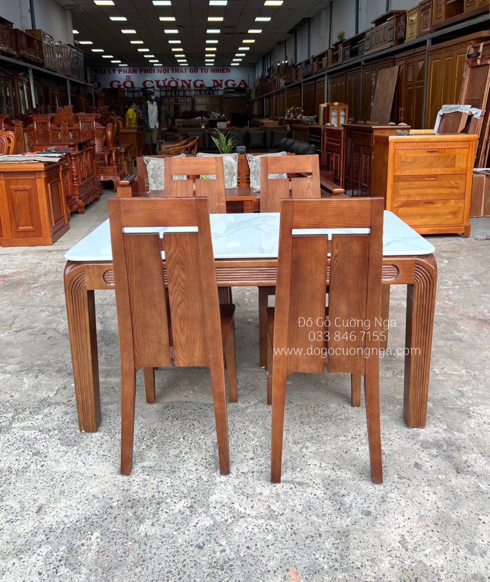 bàn ăn gỗ sồi nga 4 ghế - mặt đá cao cấp 