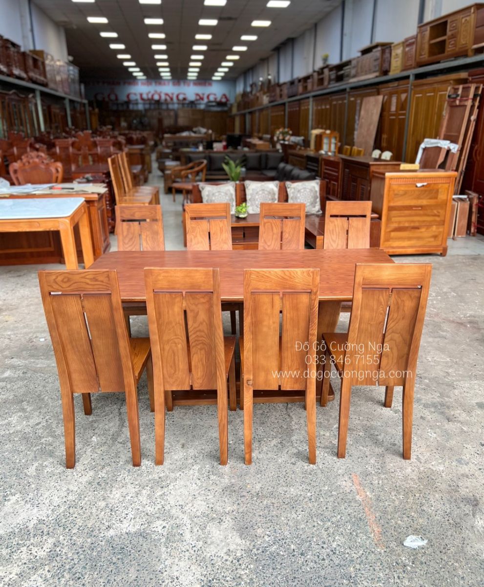 Bàn ăn gỗ sồi nga 8 ghế màu óc chó 