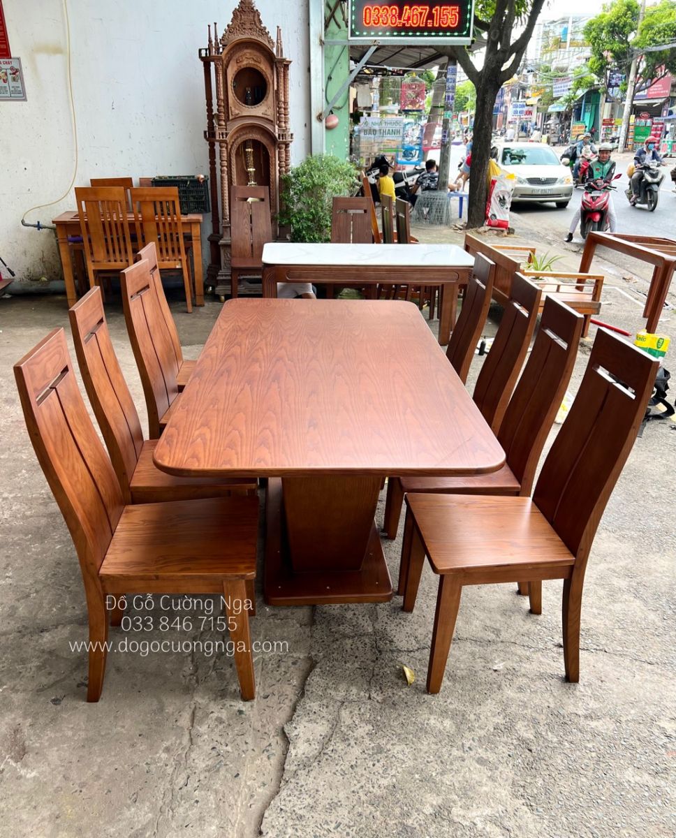 Bàn ăn gỗ sồi nga 8 ghế màu óc chó 