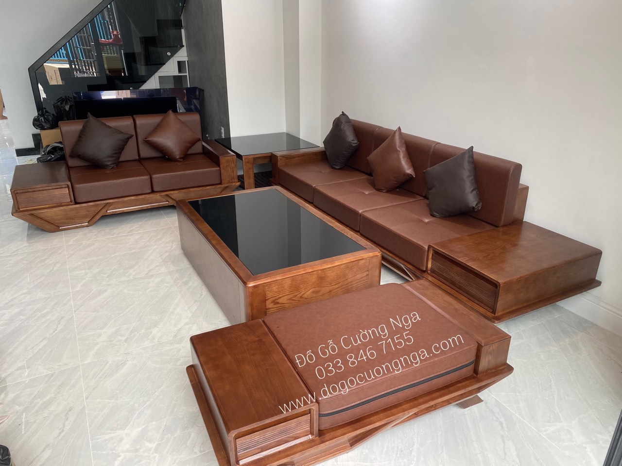 ghế sofa gỗ sồi nga lau màu óc chó 