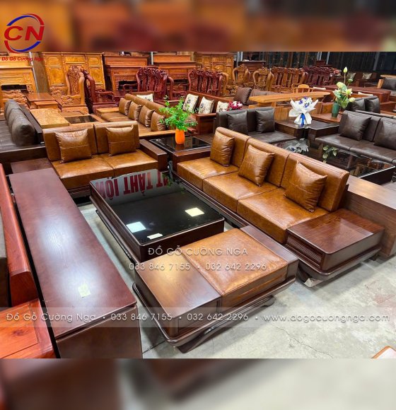 Bộ Sofa Gỗ Sồi Nga 2 Văng Chân Thuyền Màu Óc Chó Cao Cấp - Nệm Màu 7013
