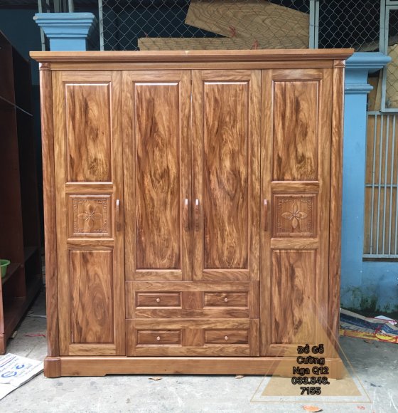 Tủ Aó Gỗ Hương Xám Mẫu Hoa Thị 4 Cánh - 2m