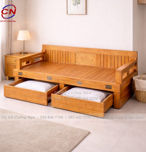 Giường Gấp Gỗ Sồi Ngăn Kéo Màu Gõ Đỏ - Đa Năng - Tiết Kiệm Không Gian