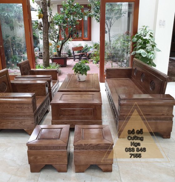 Bàn Ghế Phòng Khách Gỗ Sồi Nga Mẫu Pháo 7 Món - Lau Màu Óc Chó 