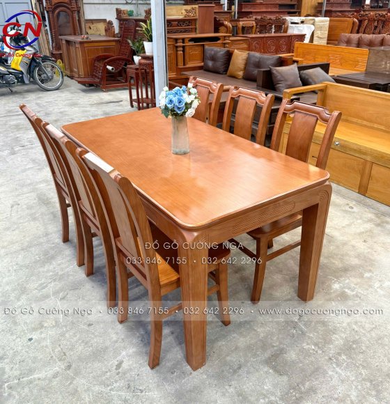 Bàn Ăn Gỗ Sồi Nga Mặt Liền Tấm Chân Soi 6 Ghế Lan Dọc - Màu Xoan