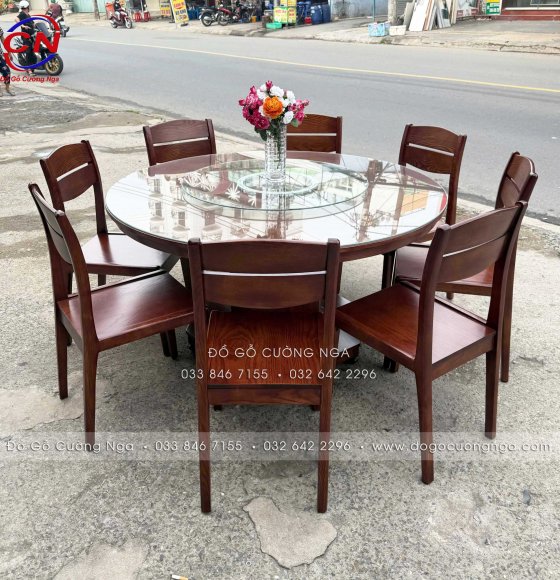 Bàn ăn tròn mâm xoay gỗ sồi nga lau màu óc chó 8 ghế 