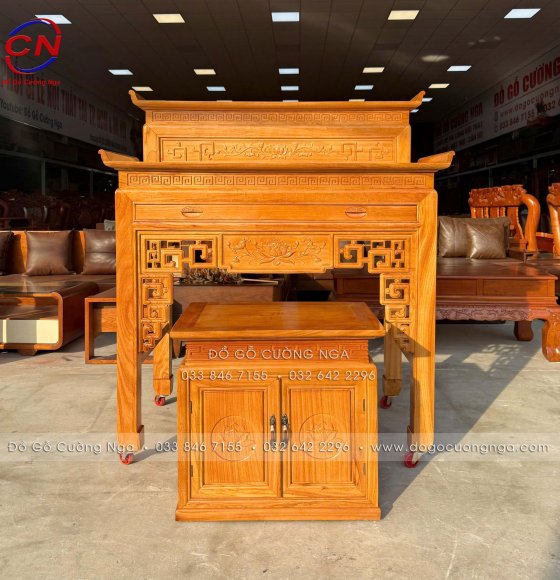 Bàn Thờ Gỗ Gõ Đỏ 2 Tầng 1m27 - Kèm Tủ Cơm Chạm Sen