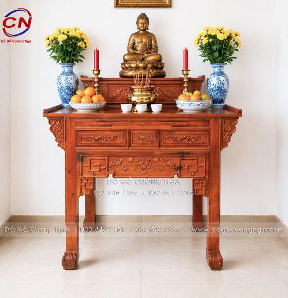Bàn Thờ 2 Tầng Gỗ Tràm Chạm Sen Tinh Tế - Trang Nghiêm - Giá Tốt