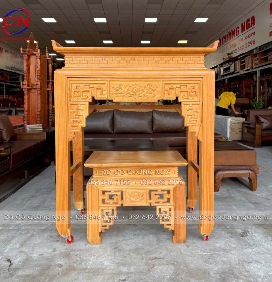 Bàn Thờ Án Gian Gỗ Gõ Đỏ 1m07-1m27 Chạm Sen Kèm Bàn Cơm