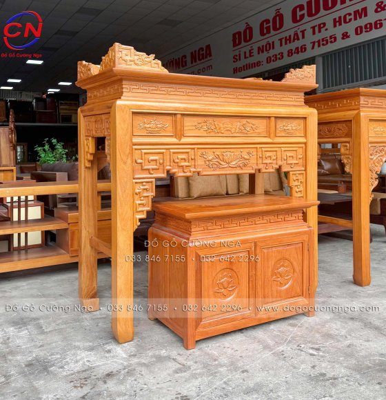 Bàn Thờ Án Gian Gỗ Gõ Đỏ Chạm Sen 1m27 Kèm Tủ Thờ Cúng Cơm