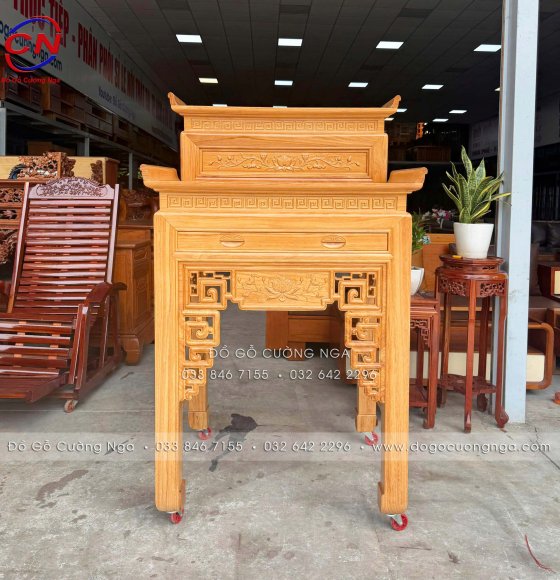 Bàn Thờ Gỗ Gõ Đỏ 2 Tầng 88cm Chạm Sen Chuẩn Phong Thủy