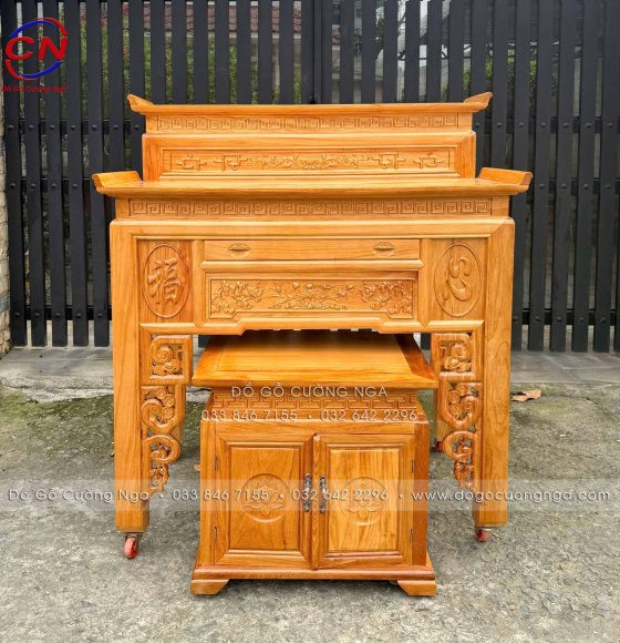 Bàn Thờ Gỗ Gõ Đỏ 2 Tầng 1m27 Chạm Chữ Hán - Kèm Tủ Cơm