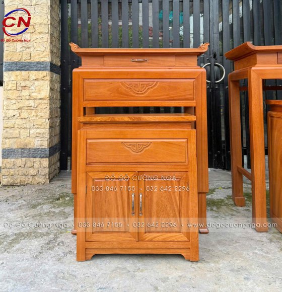 Bàn Thờ Gỗ Gõ Đỏ Kèm Tủ Cúng Cơm Chạm Chữ Thọ 98cm