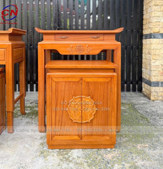 Bộ Bàn Thờ Gỗ Gõ Đỏ Kèm Tủ Cúng Cơm Chạm Hoa Sen 1m07