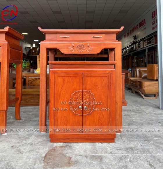 Bộ Bàn Thờ Gỗ Hương Đá Kèm Tủ Cúng Cơm Chạm Hoa Sen 1m07