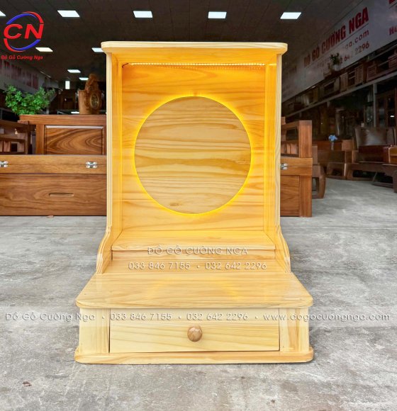 Bàn Thờ Ông Địa Thần Tài Gỗ Thông 48x68cm Đèn Led Tròn 