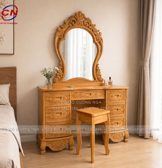 Bàn Trang Điểm Gỗ Gõ Đỏ Tân Cổ Điển 1m2 Mặt Liền 2.5cm