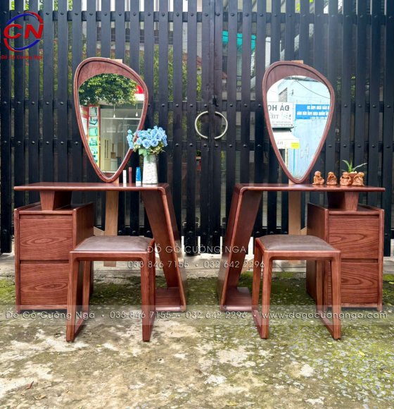 Bàn Trang Điểm Gỗ Sồi Màu Óc Chó Gương Giọt Nước – Thiết Kế Sang Trọng Gọn Đẹp