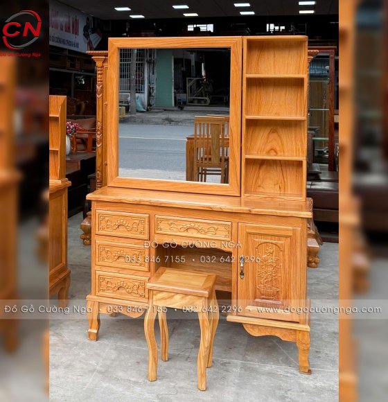 Bàn Trang Điểm Gỗ Gõ Đỏ 1m07 Gương Trượt Thông Minh - Kiểu Chạm