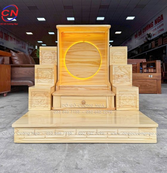 Bộ Bàn Thờ Ông Địa - Thần Tài Gỗ Thông 3 Món Thiết Kế Đèn LED Tròn