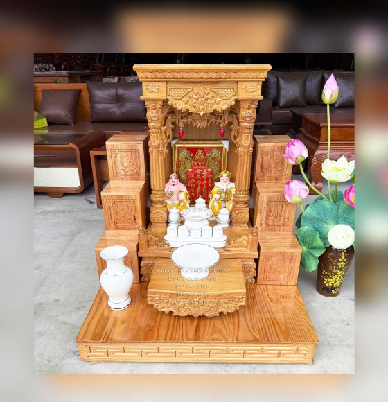 Trọn Bộ Bàn Thờ Ông Địa - Thần Tài Gỗ Gõ Đỏ Tân Cổ Điển 6 Món