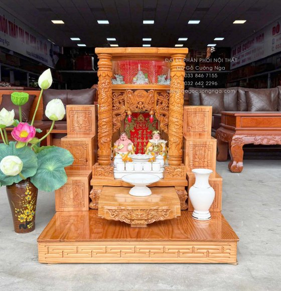Trọn Bộ Bàn Thờ Ông Địa - Thần Tài Gỗ Gõ Đỏ 6 Món - Có Hộp Đèn