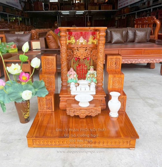 Trọn Bộ Bàn Thờ Ông Địa - Thần Tài Gỗ Xoan 6 Món - Có Hộp Đèn