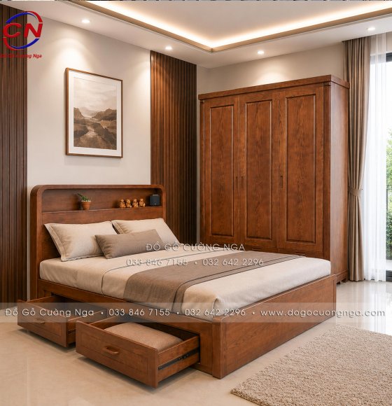 Combo Phòng Ngủ Gỗ Sồi Nga Màu Óc Chó 2 Chi Tiết Cho Phòng Ngủ Nhỏ