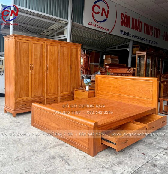 Combo Phòng Ngủ 3 Chi Tiết Gỗ Gõ Đỏ 100%: Tủ 5 Cánh & Giường 2 Ngăn Kéo