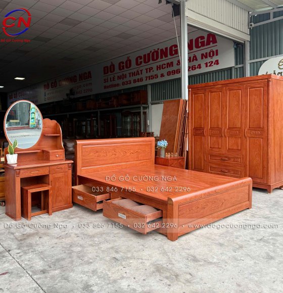 Combo Phòng Ngủ Gỗ Hương Đá 4 Chi Tiết: Tủ Áo 4 Cánh – Giường 2 Ngăn Kéo Cao Cấp