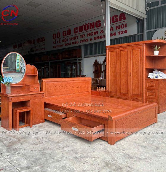 Combo Phòng Ngủ Gỗ Hương Đá 4 Chi Tiết: Tủ Áo 3 Cánh Kèm Góc – Giường 2 Ngăn Kéo