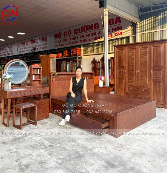 Combo Phòng Ngủ Gỗ Sồi Nga Màu Óc Chó 4 Chi Tiết Công Năng Đầy Đủ