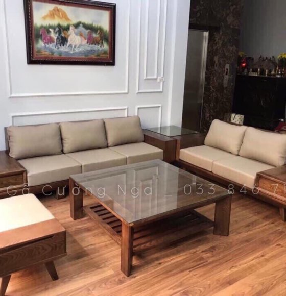 Bộ Bàn Ghế Sofa Gỗ Sồi Nga Lau Màu Óc Chó 