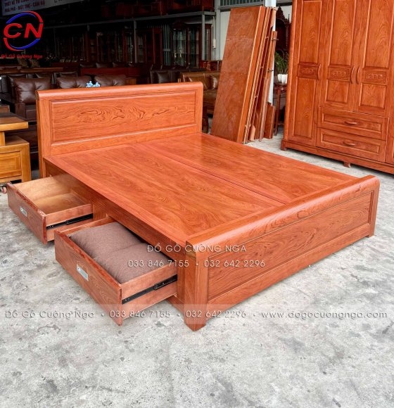 Giường Ô Kéo Gỗ Hương Đá Mẫu Trơn Phản Liền