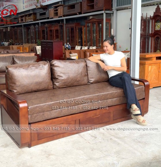 Ghế Sofa Giường Kéo Gỗ Sồi Lau Màu Óc Chó Kèm Nệm Cao Su