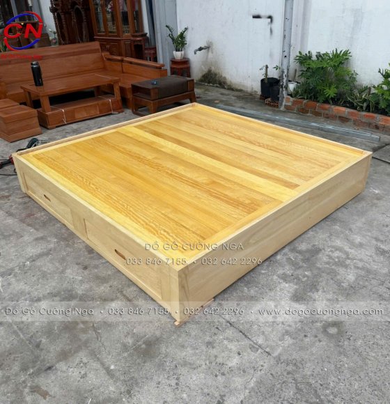 Giường Ngủ Gỗ Sồi Nga Màu Tự Nhiên 2mx2m Có 2 Ngăn Kéo – Hàng Đặt 